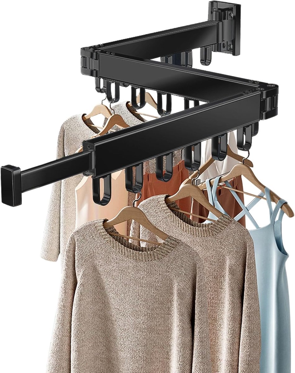 Goedkoopste Wandmontage droogrek - Vouwbaar en ruimtelijk ontwerp - 3 kledingairs - Zwart - Aluminium