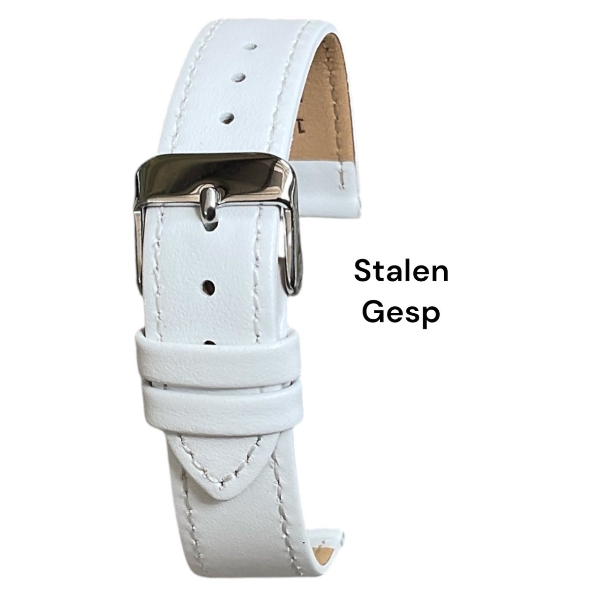 Horlogeband-10mm-echt leer-zacht-plat-mat wit-stalen gesp -10 mm