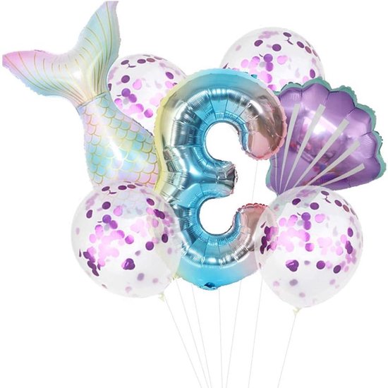 Feestelijke Zeemeermin Verjaardagsdecoratie Met Ballonnen - Meisjes 3 Jaar Thema - Kinderverjaardag Feestartikelen - Zeemeerminnenprint - Roze & Paars Kleuren - Verjaardagsfeest Decoratie