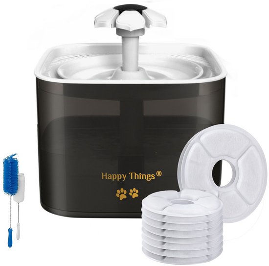 Happy Things Drinkfontein Hond en Kat - Incl 10 Filters - Geruisloos - 2.2 L - Transparant Zwart met Goud