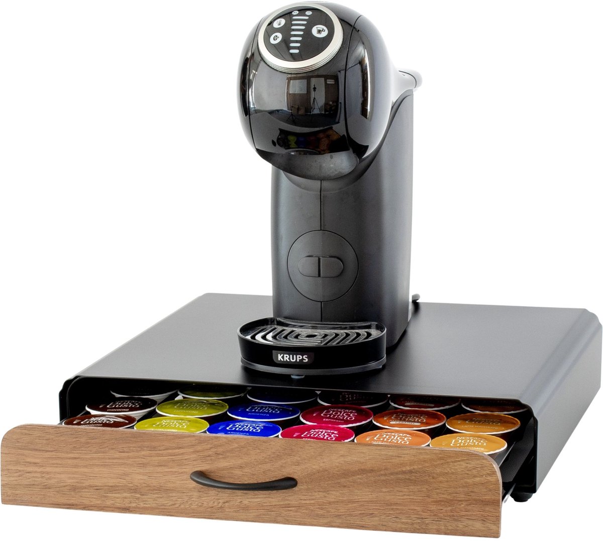 Capsulehouder met Lade – Koffiecups houder – Geschikt voor Dolce Gusto – 36 Cups - RVS - Zwart met Bamboe Hout