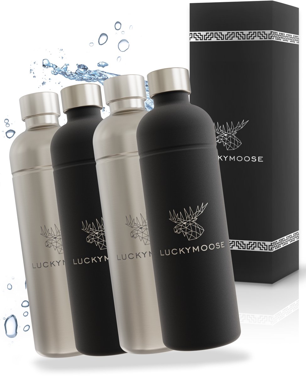 Luckymoose RVS Drinkfles 1,25L - Universeel geschikt voor Bruiswatertoestellen - Set van 4 - Infinity Roestvrijstalen Waterfles - Herbruikbaar - Zwart en Zilver