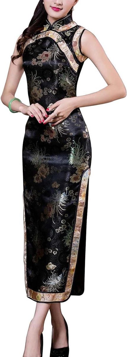 Allecto Plus - Dames Cheongsam Kostuum Lange Mouw Vintage Bloemen Hoge Split Strakke Pasvorm Mandarin Kraag Chinees Cocktail Qipao Kledingstuk