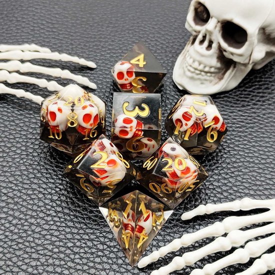 Ensemble de dés Joya Kids® Dungeons and Dragons | Set de Dés DnD Polydice | Ensemble de dés D&D | Ensemble de 7 pièces en résine | Coffre de rangement de Luxe inclus | Crâne Zwart avec rouge | Crâne