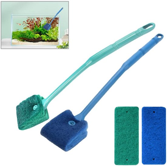 2 stuks - Aquarium Reinigingsborstel - met 40 cm lange steel - met 2 vervangende reinigingsdoekjes - spons Borstel met Lange Steel - reinigingssponzen - algen reinigingsborstel - accessoires voor het reinigen van aquariumglas - Blauw, Groen