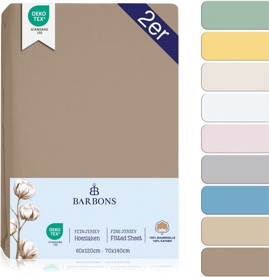 Taupe hoeslaken van fijne jersey, 100% katoen, in een verpakking met verschillende kleurstalen.