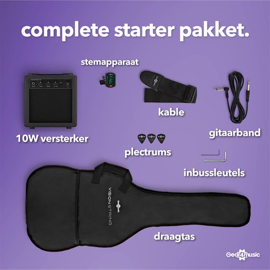 VISIONSTRING startpakket met 10W versterker, draagtas, stemapparaat, kabel, gitaarband, plectrums en inbussleutels.