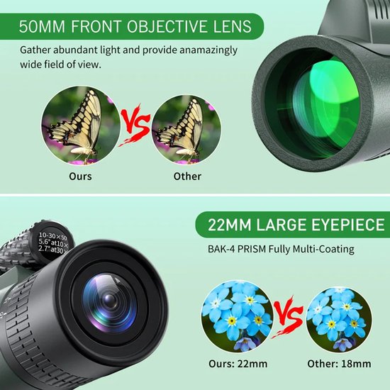 Télescope Zoom 10-30x50 – Monoculaire astronomique HD avec adaptateur pour téléphone et trépied – Chasse, Camping, observation des oiseaux et de la nature