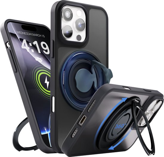 Coque compatible avec iPhone 16 Pro avec Ring de support à 360 ° - Zwart Coque MagSafe Antichoc Grip Cove
