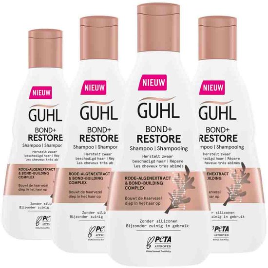 Vier flessen GUHL BOND+ RESTORE shampoo met roze dop. Nieuwe formule in Nederlandse tekst.