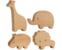 DWIH® - 4 stuks - houten kapstok haken - dieren - kinderkamer - olifant - leeuw - nijlpaard - giraffe