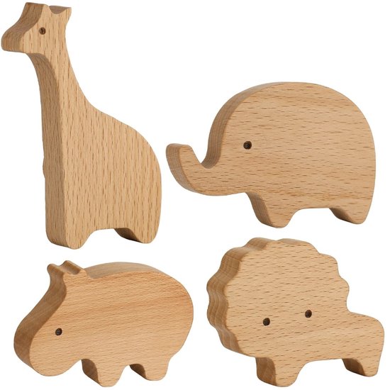 DWIH® - 4 stuks - houten kapstok haken - dieren - kinderkamer - olifant - leeuw - nijlpaard - giraffe
