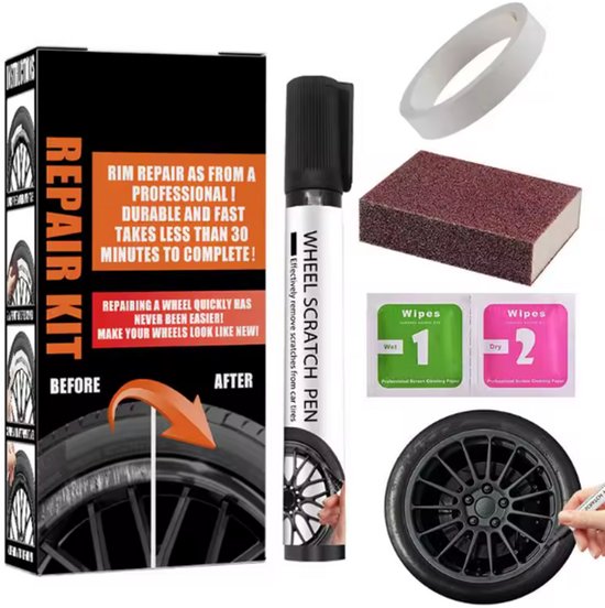 Reparatieset voor velgen, inclusief pen, schuursponsje, doekjes, tape en een zwarte velg.