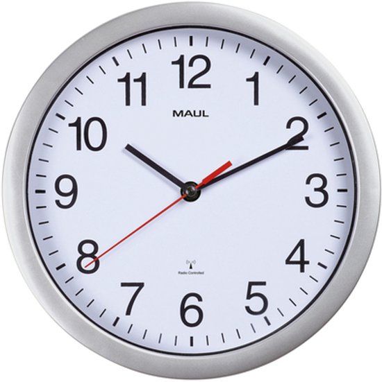 Wandklok MAULrun, radioklok met automatische tijdinstelling, 25 cm, voor woonruimtes, slaapkamer, keuken of kantoor, grote cijfers, goed leesbaar, zilver