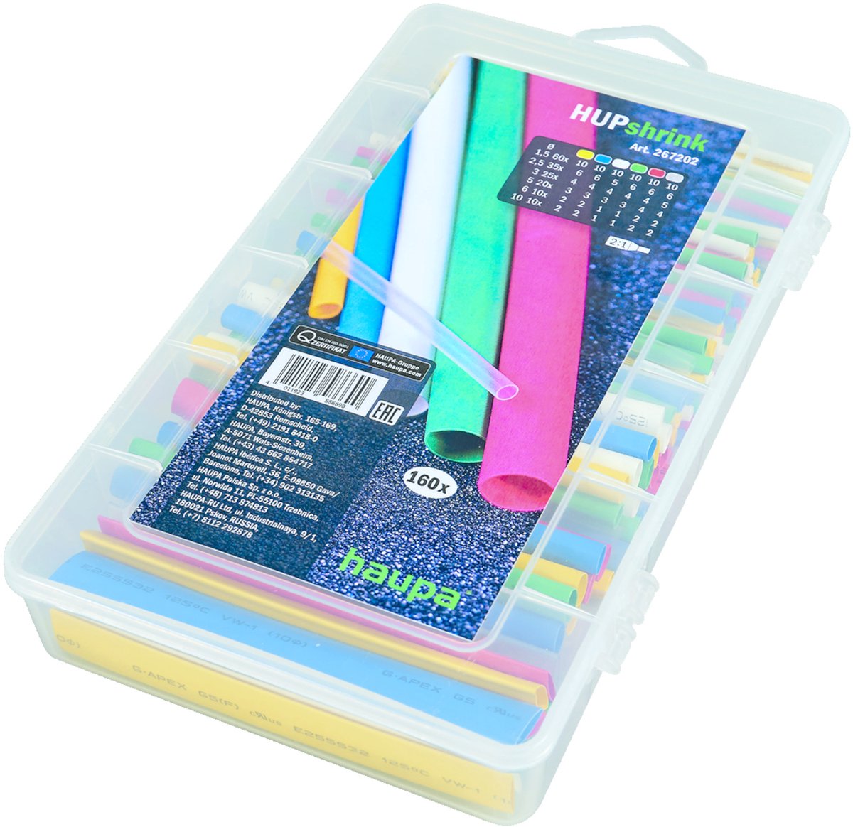 Haupa Krimpkous set diverse kleuren 160-delig - Stralingsvernet polyolefine - Elektrische sterkte van 15 a 25 kV/mm - DIN 53481 - Hoge flexibiliteit, zelfdovende eigenschappen - Breed temperatuurbereik van -55°C tot +125°C