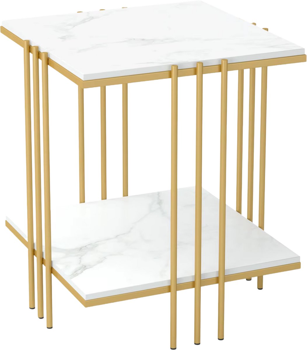 Decoratieve kunst salontafel - Voor woonkamer en zitkamer - Grote dubbele laag marmeren top met opslagruimte - Gouden palen en metalen poten