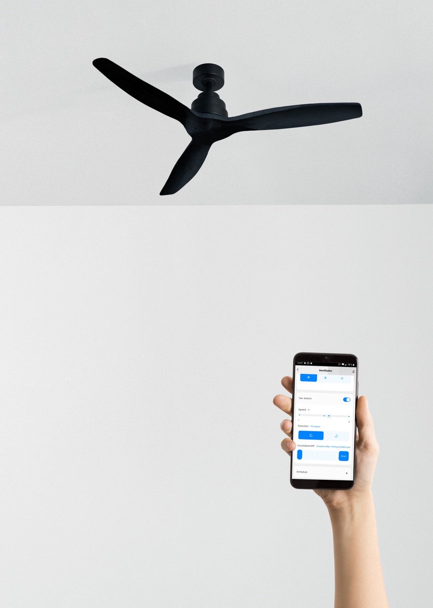 CREATE - Plafondventilator 40W silent Ø132 cm - Met Wifi - Met Afstandsbediening - 6 Snelheden - Timer - Zomer/Winter functie - Zwart - WIND STYLANCE – foto 6