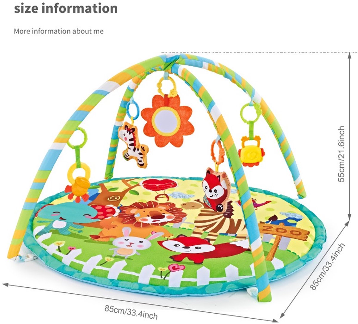 FUEGOBIRD - Baby Play Mat - Colorful Zoo - Deluxe Gym - Color Interaction and Grasping toys - Beautiful sound - Developmental play for babies from 2 months+ - Round — afbeelding 4