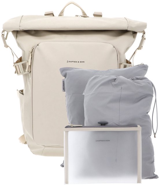 Sac à dos couleur sable avec deux pochettes de rangement grises et une trousse transparente.