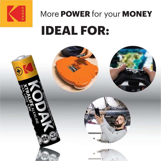 Een Kodak Xtralife AAA batterij met beelden van een batterijhouder, een gamecontroller en een auto.