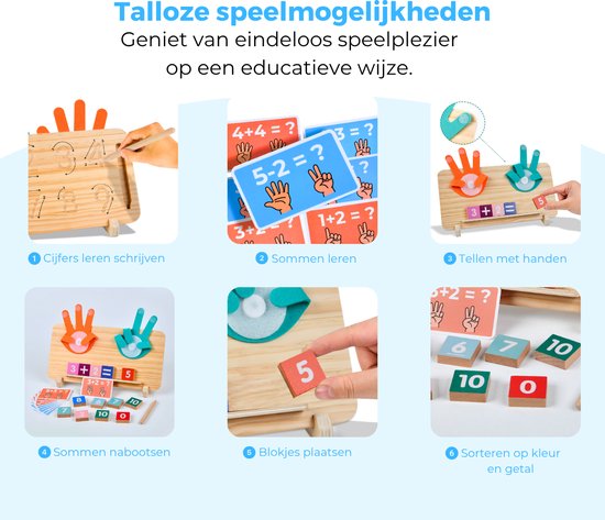 Collage van het Mauzek rekenspel met kinderen die schrijven, tellen en sommen maken.