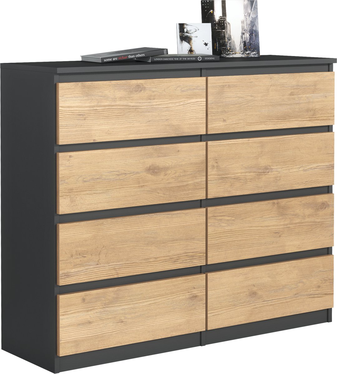 Pro-meubels - Ladekast Ibiza - Zwart mat - Eiken - 120cm - 8 lades - Opbergkast - Commode
