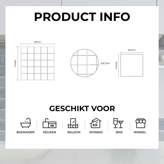 Productinformatie: afmetingen van de tegelstickers (25.4x25.4 cm) en een diagram van de plaatsing. Geschikt voor badkamer, keuken, balkon, woning, bar en winkel.