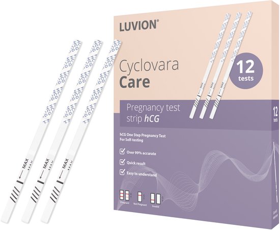 Luvion Cyclovara Care zwangerschapsteststrips met patroon. Doos bevat 12 tests.