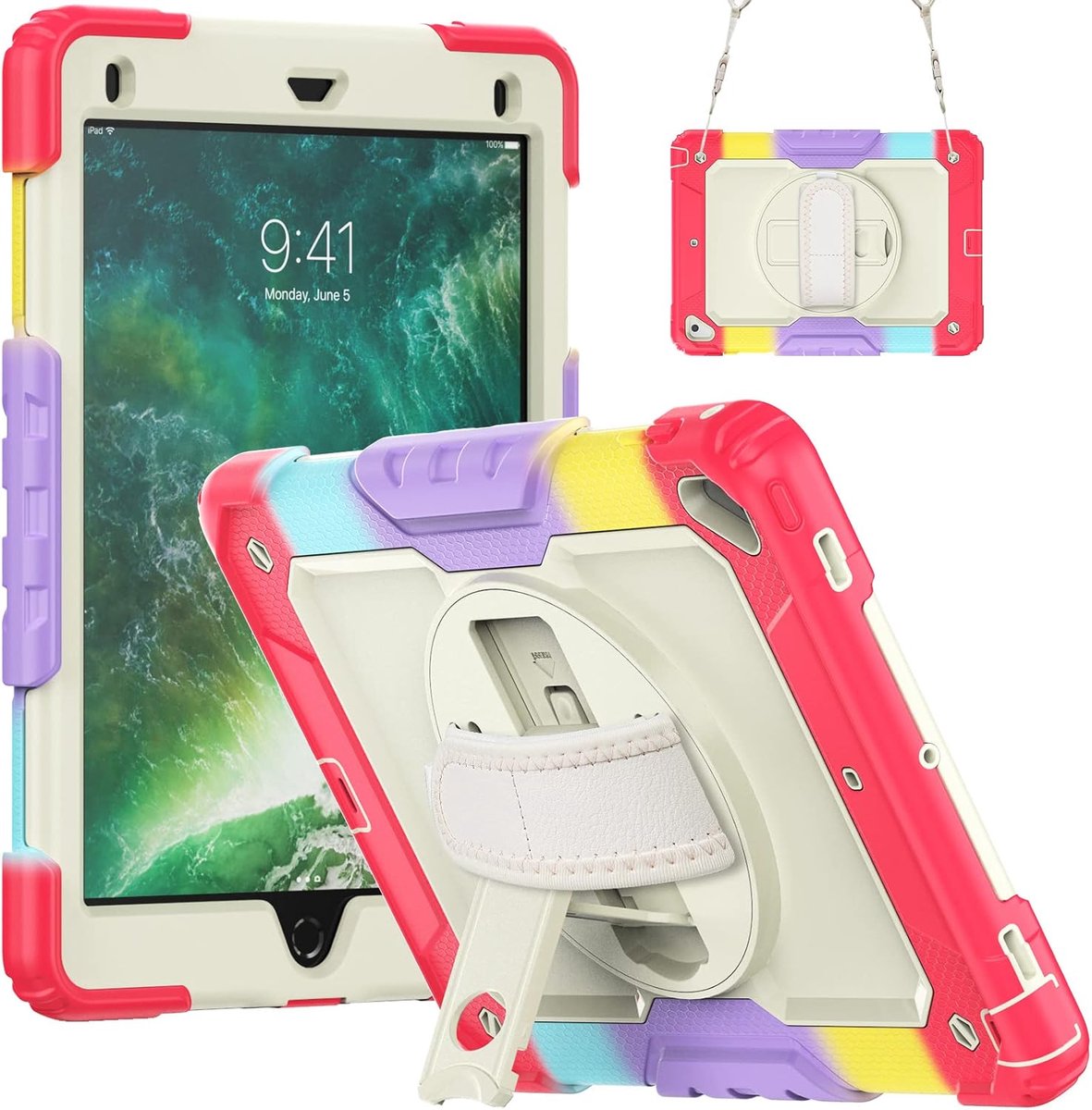 Beschermhoes iPad 6a / 5e generatie 9.7 "en iPad Air 2, schokbestendig - 360° draaibaar met polsband rood