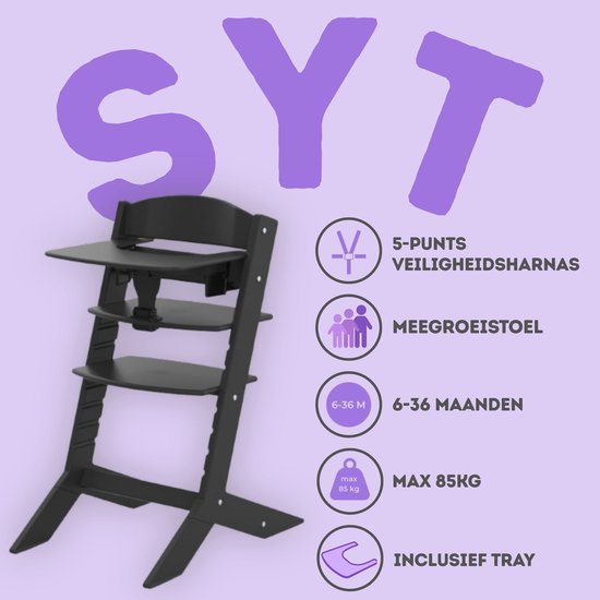 Geuther Houten Kinderstoel - Syt - Meegroeistoel voor kinderen van 6-36 maanden - inclusief eetblad - 5-punts veiligheidsgordel - 61x49x83cm - Zwart van Geuther — afbeelding 2