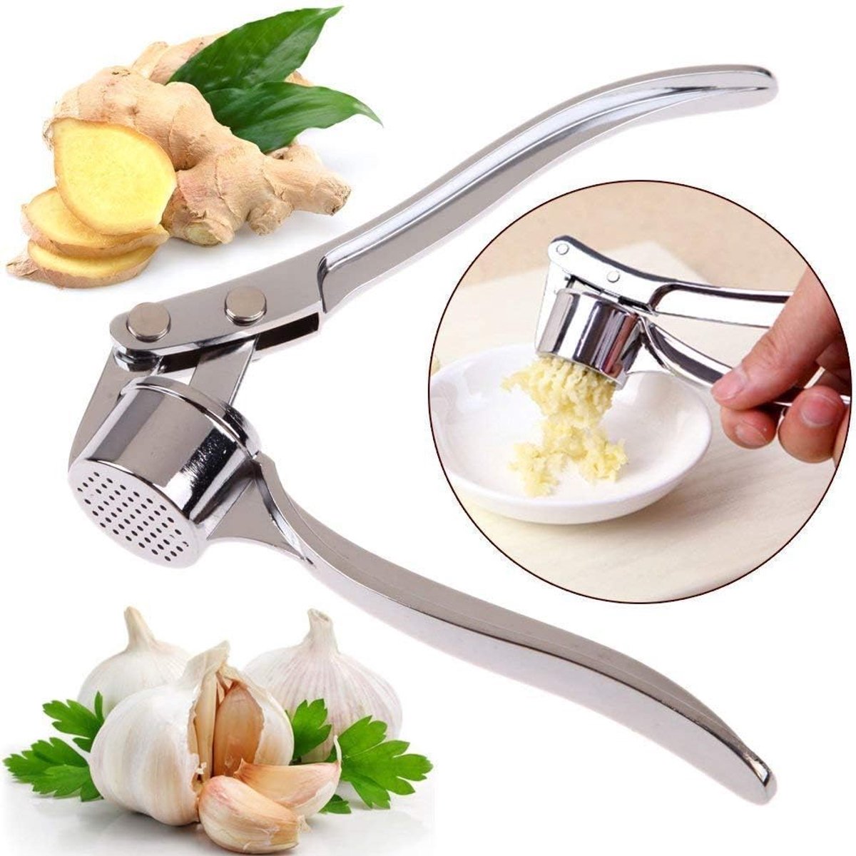 Roestvrij Staal Knoflookpers – Eenvoudig en Snel Knoflook Prakken voor de Perfecte Smaak | Vaatwasserbestendig, Minimaliseert met Kajal Sticker