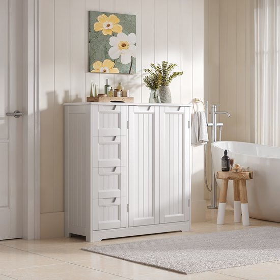 Xbro Badkamerkast, Smalle Opbergkast met 4 Laden en 2 Deuren, Vrijstaande Kast met Verstelbare Plank, Waterbestendig MDF, 81x30x83 cm, Wit