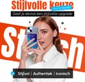 Model met een transparante telefoonhoes met een blauwe creditcard in de kaarthouder. "Stijlvolle keuze" staat in de afbeelding.