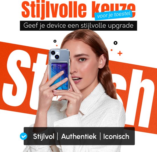 Model met een transparante telefoonhoes met een blauwe creditcard in de kaarthouder. "Stijlvolle keuze" staat in de afbeelding.