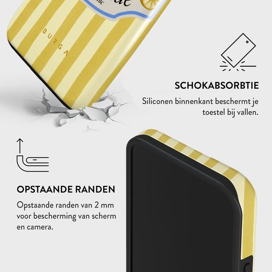Telefoonhoesje met gele en witte strepen, detail van de randen en schokabsorptie.