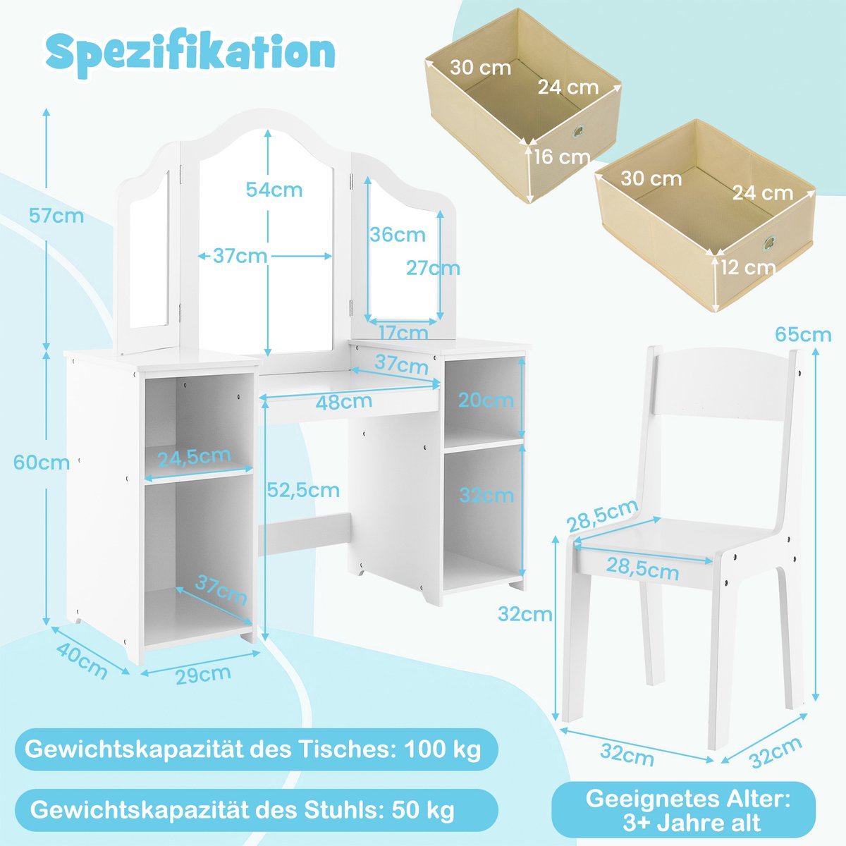 Costway 2-in-1 Kaptafel Kind - Make-uptafel & Bureau voor Meisjes - Wit — afbeelding 9