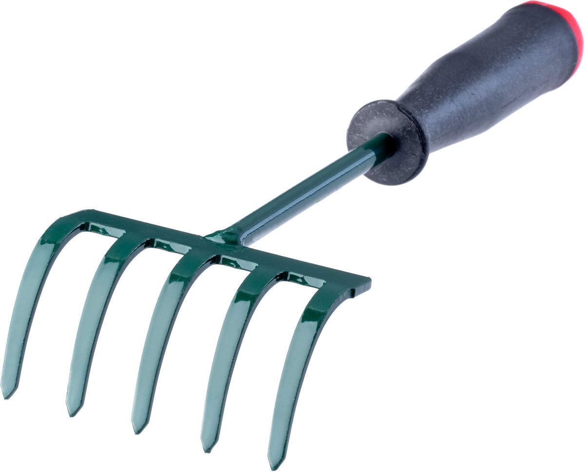 KADAX Hark, kleine hark met steel, bladbezem van metaal, bladhark voor tuin, bloembed, gazonhark, tuingereedschap, hooikoork, tuinhark, groen (25 cm, 5 tanden)