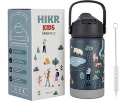 Hikr Kinder Drinkfles – RVS Drinkbeker & Schoolbeker 350ml – Lekvrij met Rietje – Reisbeker voor Jongens & Meisjes – Outdoor – Groen