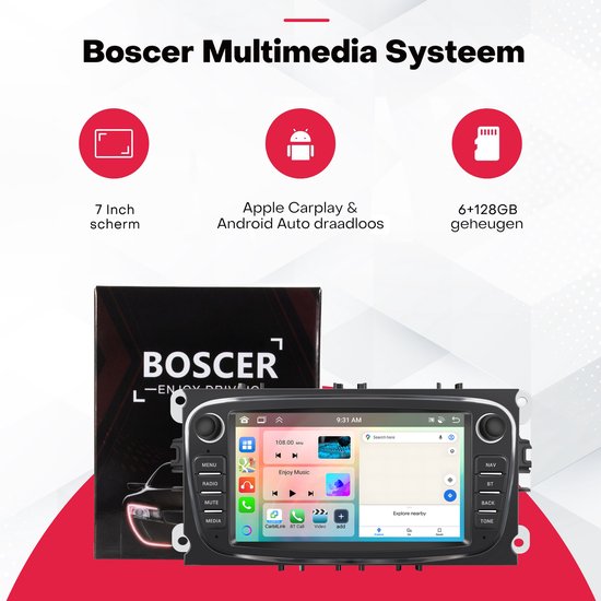 Boscer multimedia systeem met 7 inch scherm, Apple Carplay & Android Auto en 6+128GB geheugen. Doos met auto-afbeelding.