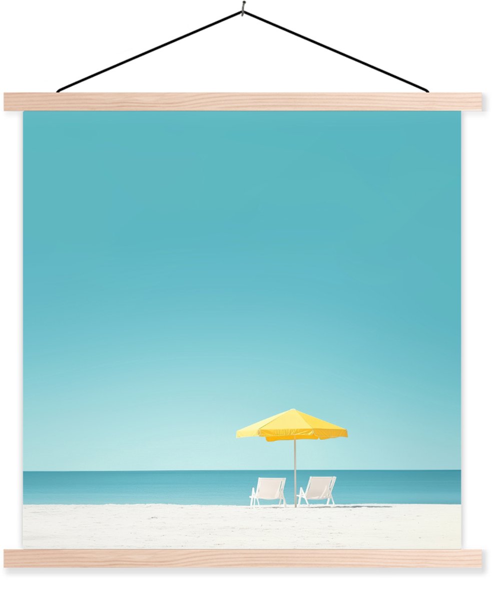 Posterhanger incl. Poster 60x60 cm - Schoolplaat - Strand - Blauwe lucht - Geel - Parasol