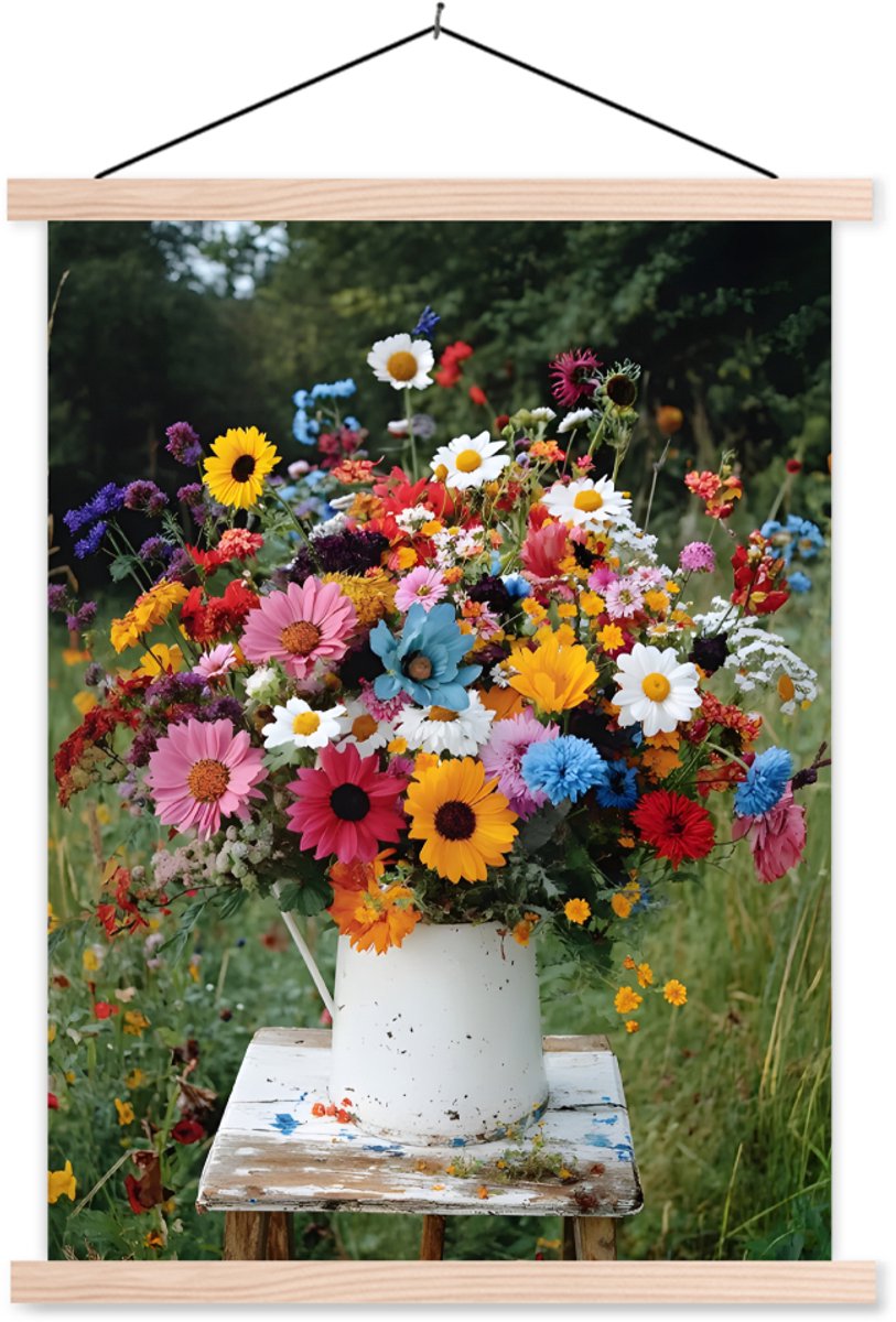 Posterhanger incl. Poster 120x160 cm - Schoolplaat - Bloemen - Krukje - Gieter - Veld - Te