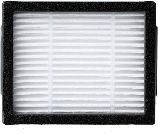 Een rechthoekig wit filter met een zwart schuimrubberen frame. De ribbels van het filter zijn duidelijk zichtbaar.