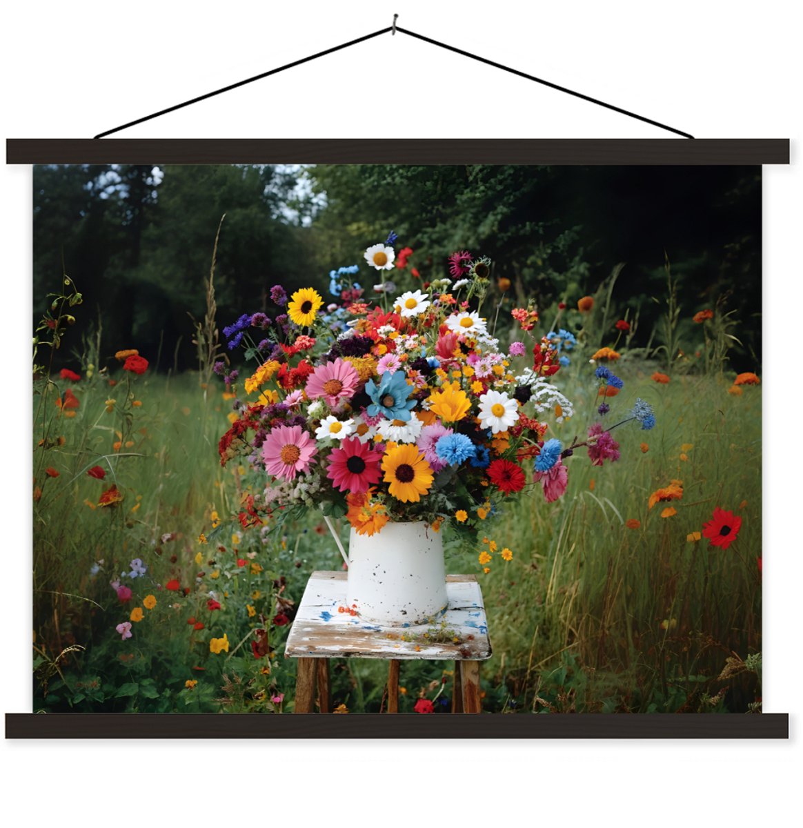 Posterhanger incl. Poster 150x113 cm - Schoolplaat - Bloemen - Krukje - Gieter - Veld - Te
