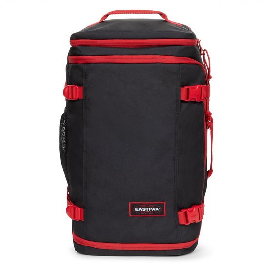 Zwarte Eastpak rugzak met opvallende rode ritsen, gespen en accenten.