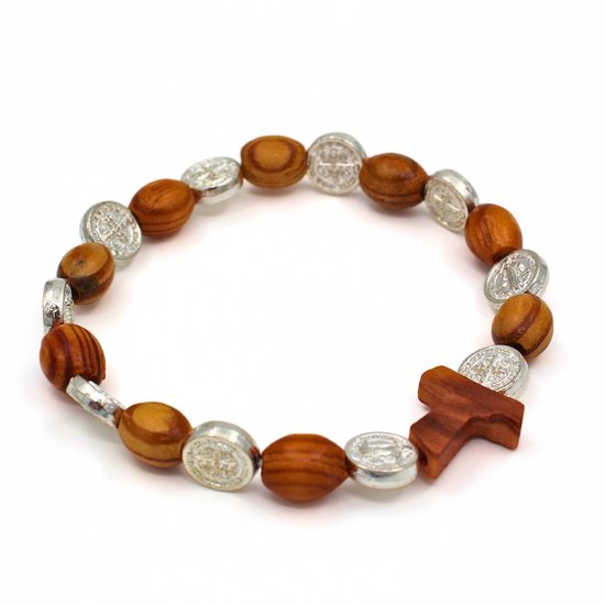 Bracelet chapelet en bois d'olivier avec médailles de Saint Benoît – Bracelet de prière catholique italien – Élastique avec perles en bois d'olivier – Handgemaakt en Italie