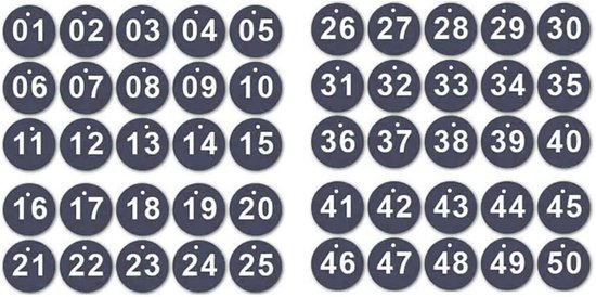 Gegraveerde nummerlabels, aluminium, labels voor sleutelhangers, met ringen (1-25, oranje