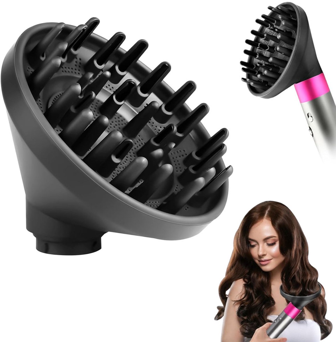 Opzetstuk geschikt voor Dyson Haarstyler - Haardroger Föhn Diffuser - Universeel Stereotype Haar Hoofd - Geschikt voor Dyson Styler HS05 HS03 HS01 Converter - Stereotype Krullend Haar - Vermindert Pluis - Geschikt voor Alle Haartypes - Zwart