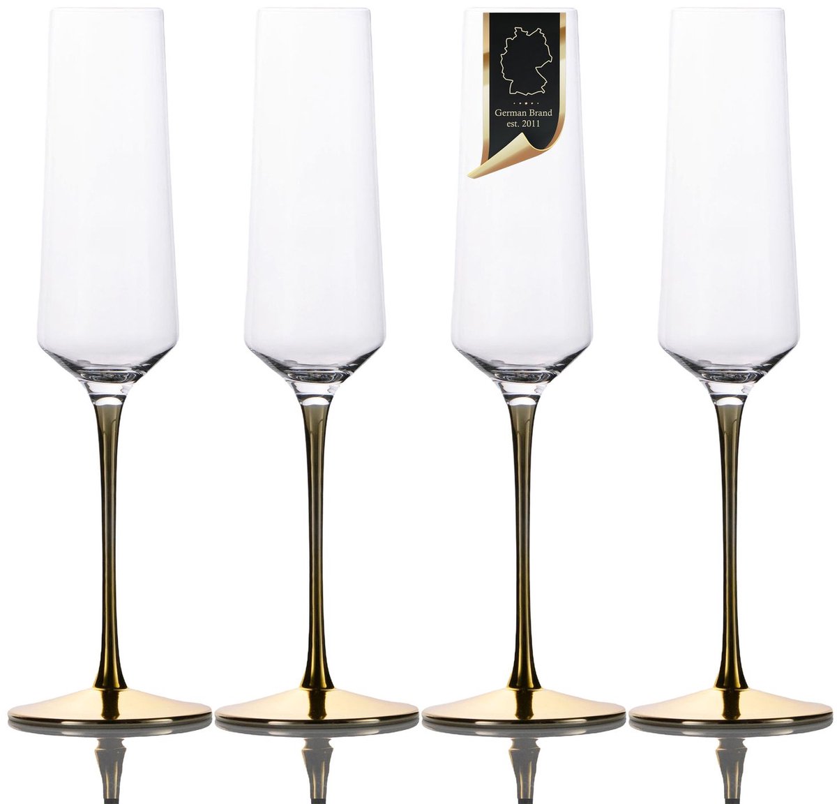 Intirilife 4x Champagneglas met goudkleurige steel - 200 ml inhoud - champagne prosecco glas kristalglas schokbestendig