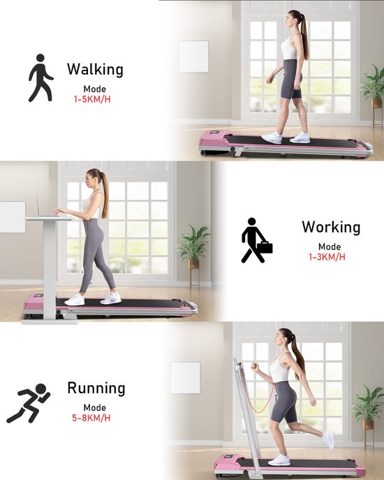 Loopband Met 7% helling - Inklapbaar loopband Elektrisch met armleuningen, 1-8 km/u - met afstandsbediening en LCD-display - Walkingpad - Treadmill - Roze