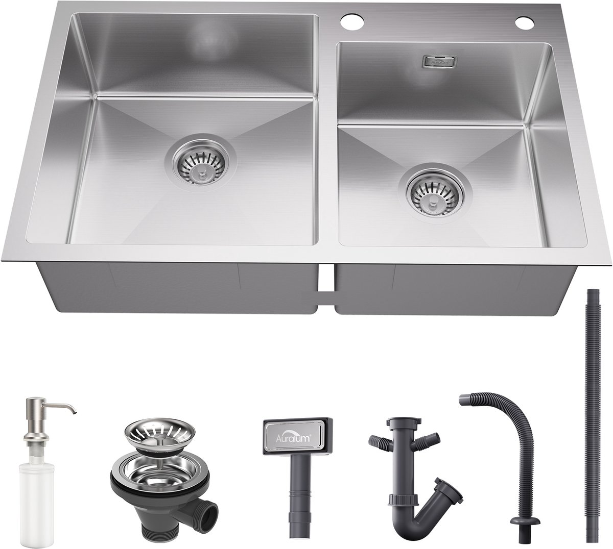 Auralum MAX Dubbele Spoelbak (75x45cm) - Spoelbak Keuken RVS - Duurzaam, Veelzijdig en Geluiddempend - Met zeepdispenser 300ml en Waterafvoersysteem